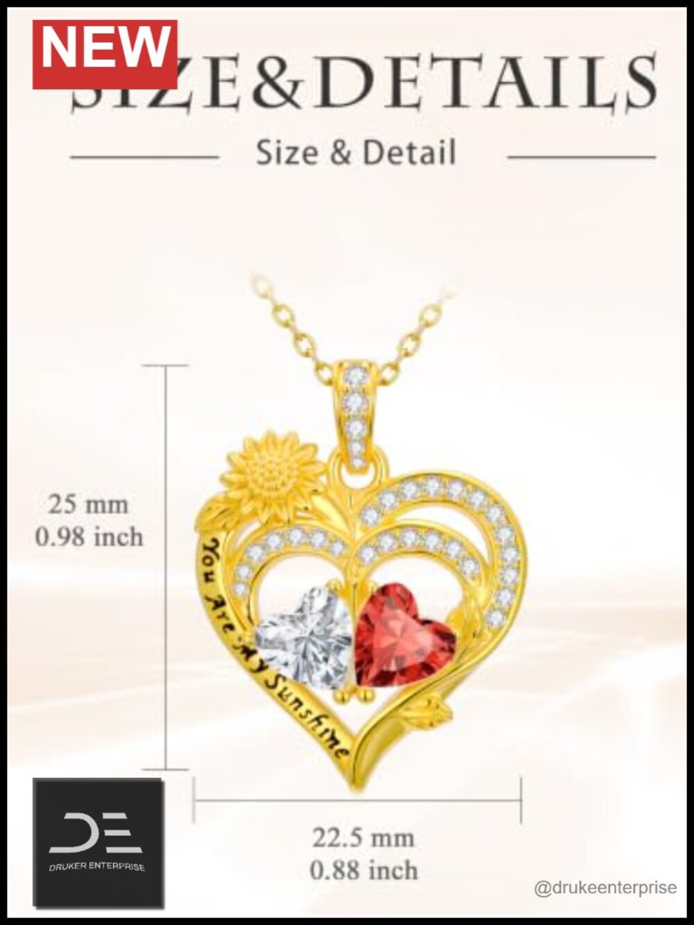 14K Gold Sunflower Heart Necklace with Double Birthstones You Are My Sunshine - Picture 5 of 6